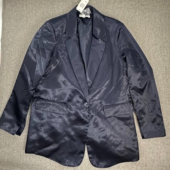 NEW! "And Now This" Trendy Satin Jacket Plus OX‎ Midnight Blue one button $69 - Picture 2 of 12